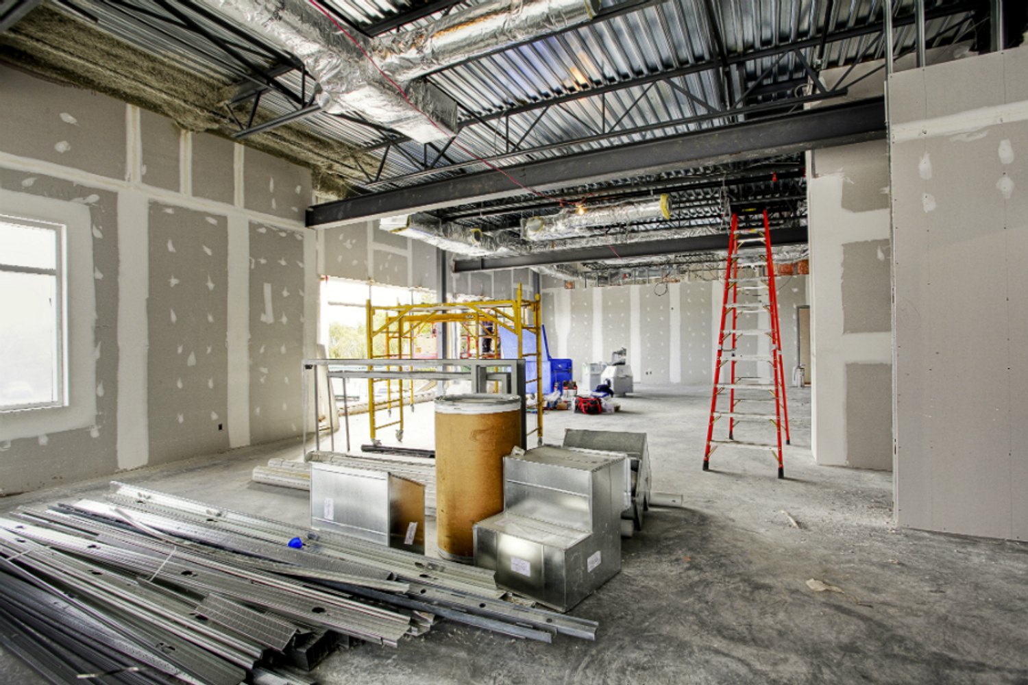 Commercial building interior during infrastructure installation