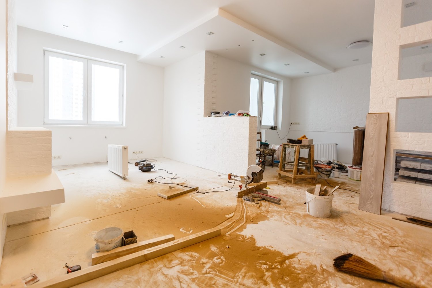 Interior space undergoing renovation and repair